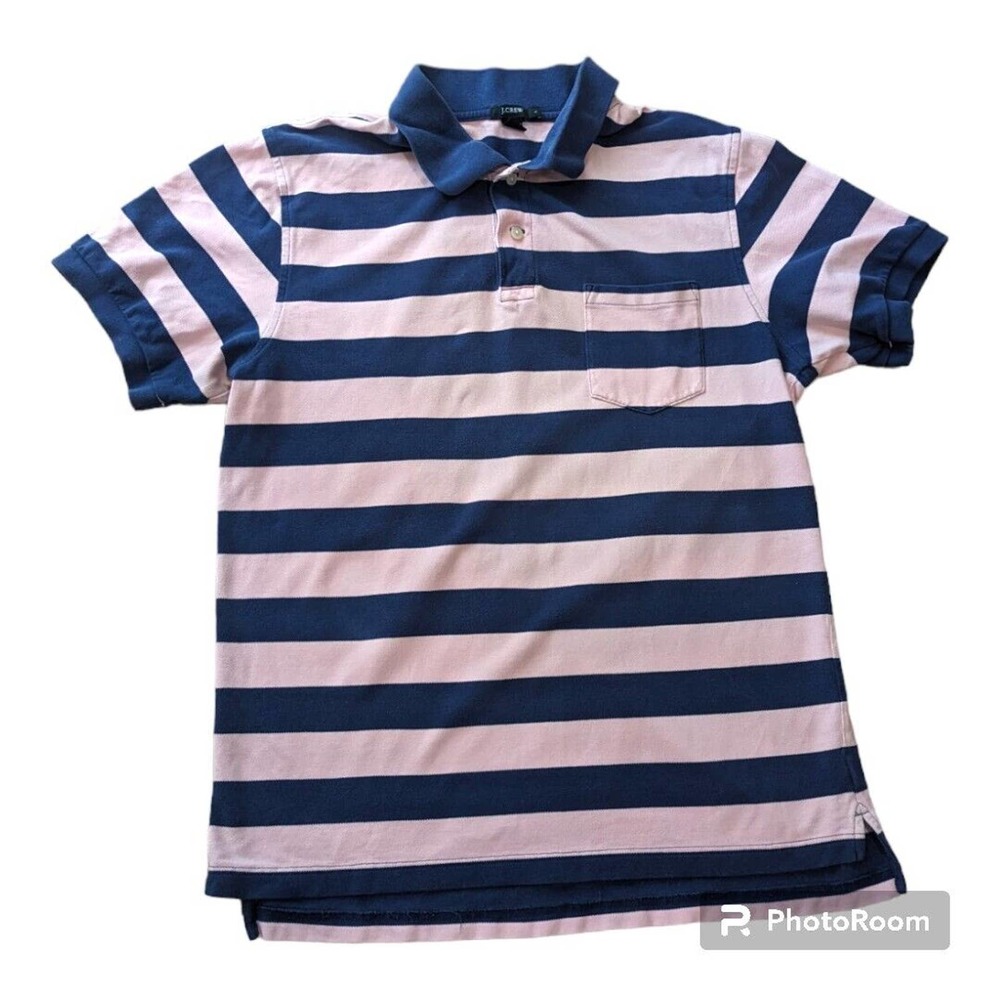 J. Crew Men's Striped Pique Polo Shirt Size Large Short Sleeve Pink & Navy
